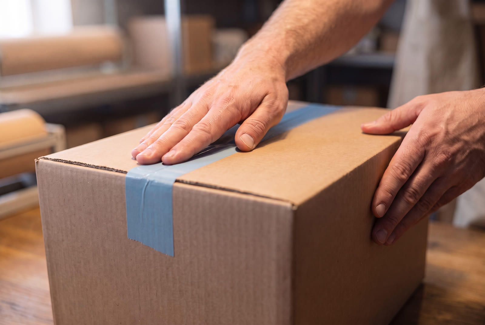 Hands smoothing powder-blue packing tape onto a kraft shipping box at a warehouse packing bench