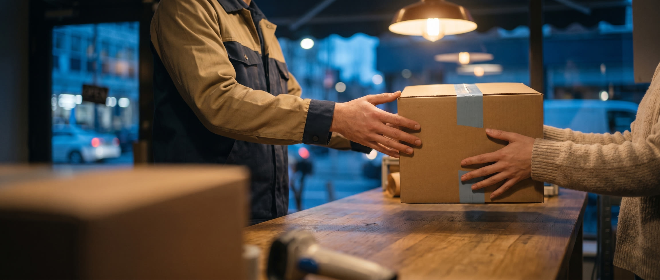 A courier passing a kraft package across a storefront counter into a customer's hands at dusk